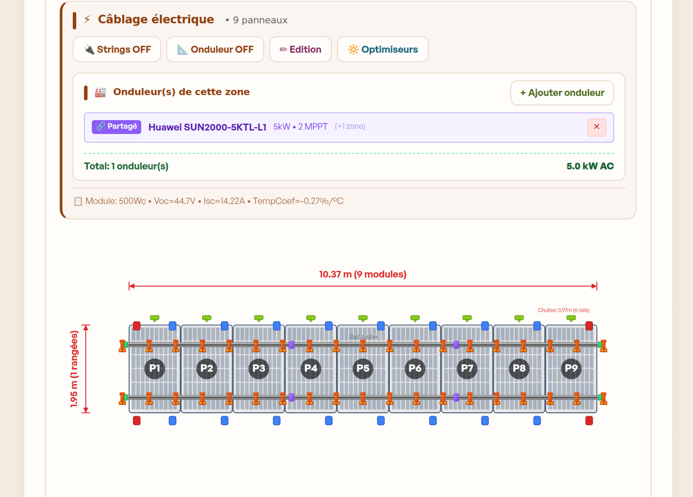 Plan de montage d’une zone : 9 modules, onduleur partagé, strings et optimiseurs