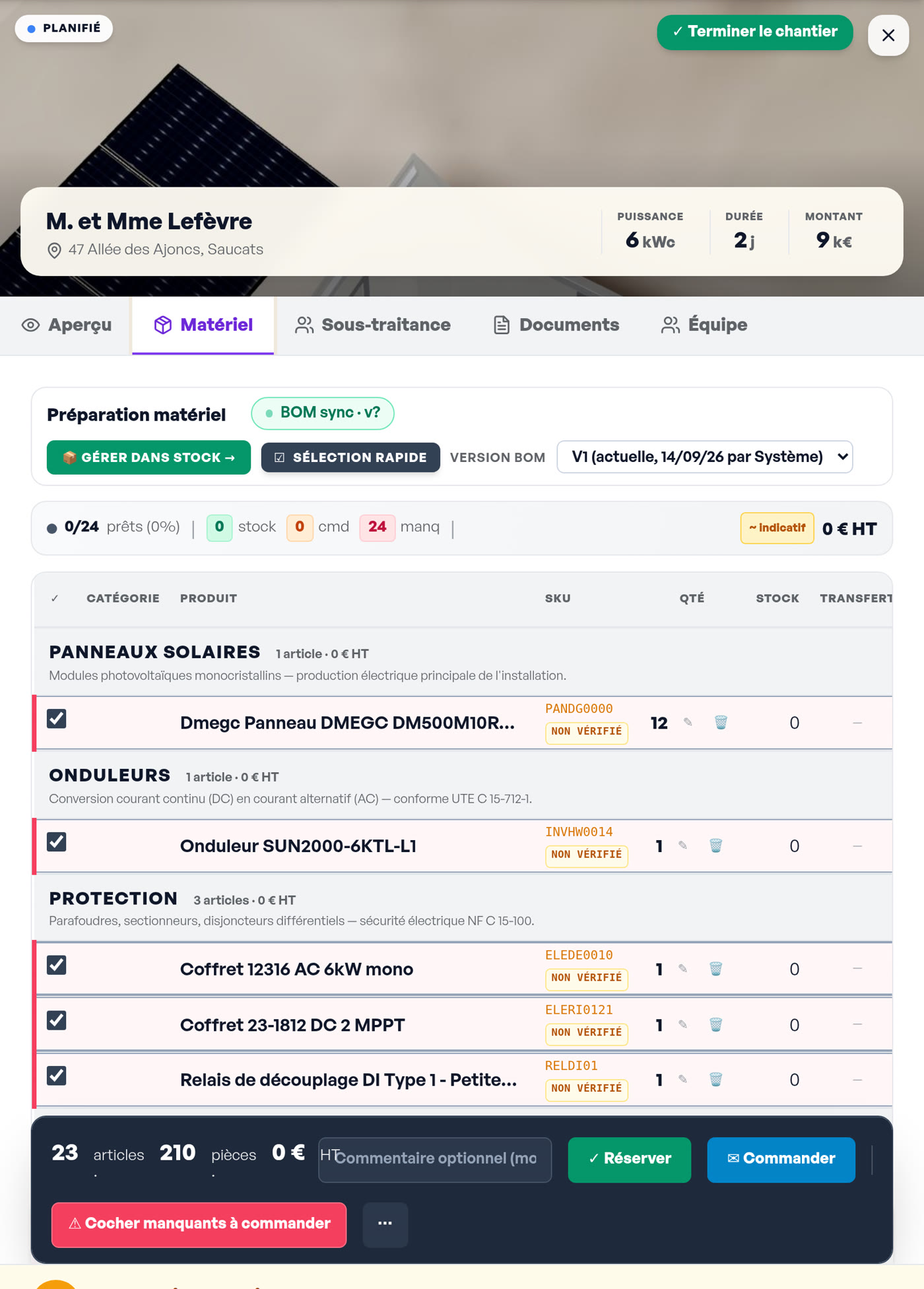 Fiche chantier, onglet matériel : nomenclature du devis, stock, réservations et commandes