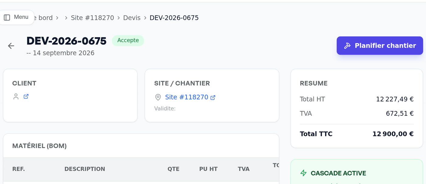 Devis accepté : 12 900 € TTC, cascade automatique (acompte 30 %, bons de commande, pipeline)
