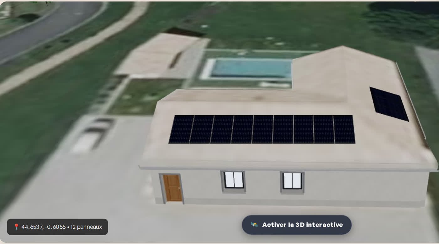Vue 3D du rapport technique : le toit mesuré et les 12 panneaux calepinés