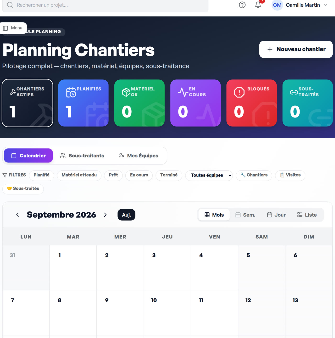 Planning des chantiers : chantiers actifs, matériel, équipes, sous-traitance, calendrier